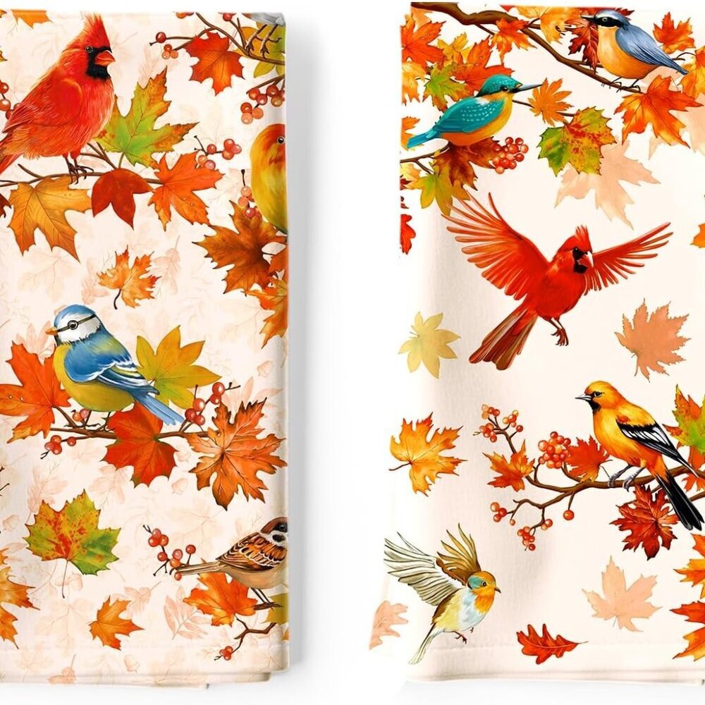 Fall Bird Maple Leaf Tea Towels, Cotton Kitchen Towel 18.9 × 27.5 Inch, Quick Dr